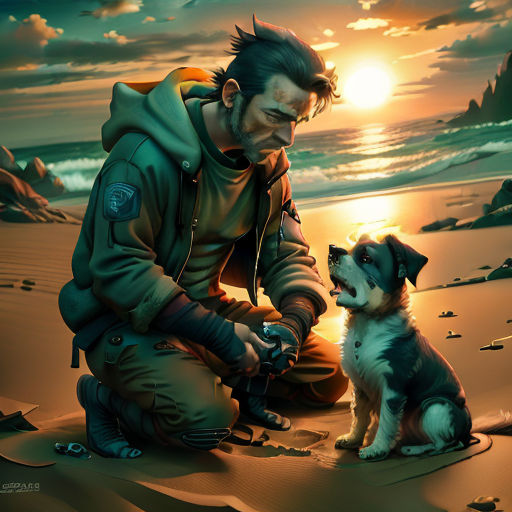 a man kneeling down next to a dog on a beach at sunset with the sun setting behind him and a dog looking at him