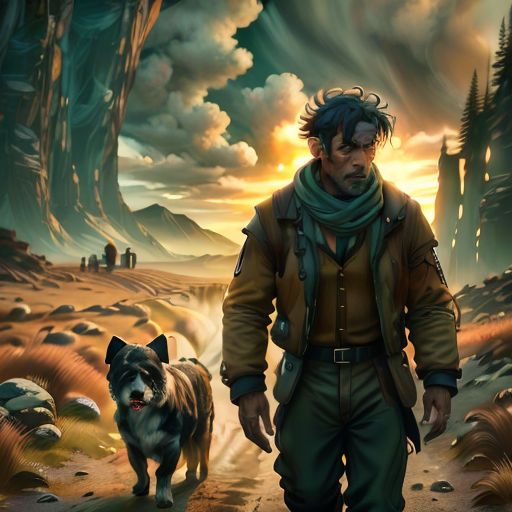 a man walking a dog down a dirt road in a forest at sunset with a dog nearby on the path