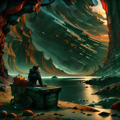 a man sitting on a box in a cave with a lake below it and a mountain in the background