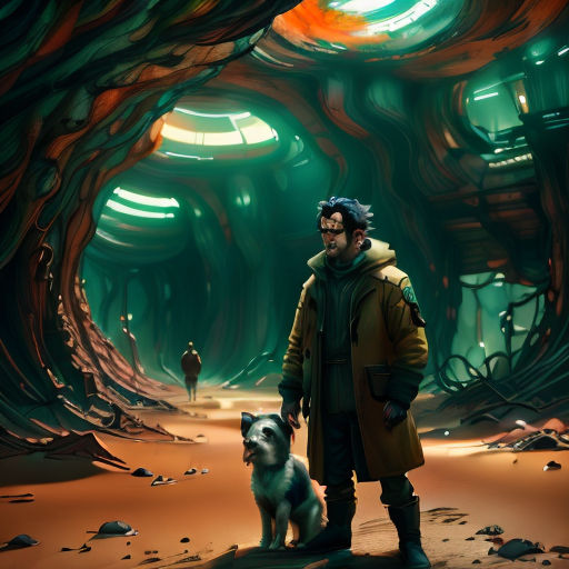 a man standing in a cave with a dog next to him and a man in a coat standing next to him
