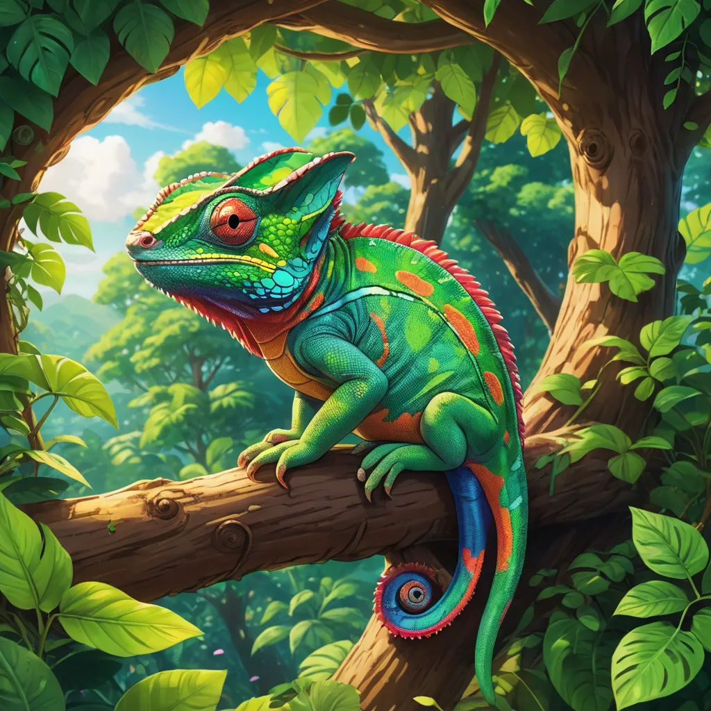 a colorful chamelon sitting on a tree branch in a forest with green leaves and a blue sky, fantasy art, a digital painting, Chris LaBrooy, affinity photo
