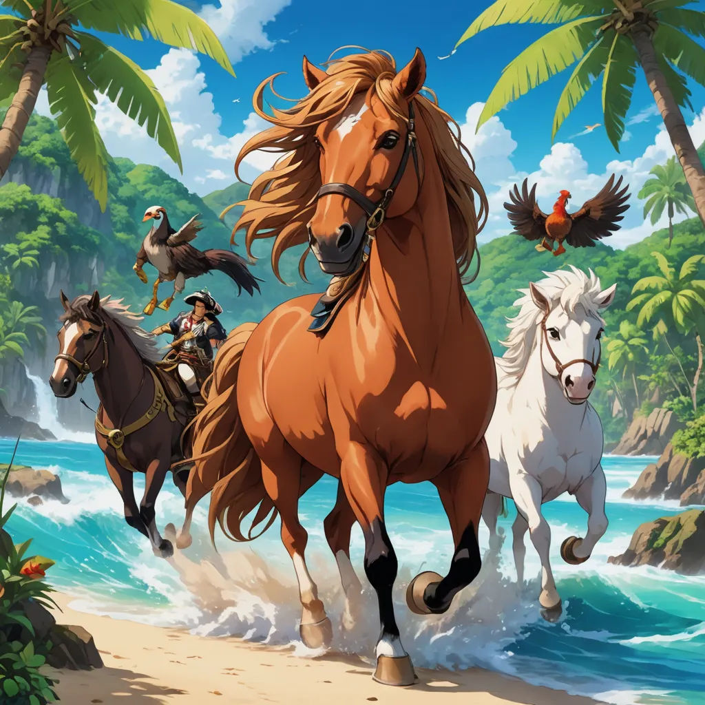 a group of horses running along a beach next to a forest and a bird flying over the water and a bird flying over the beach, fantasy art, computer graphics, Christophe Vacher, key art