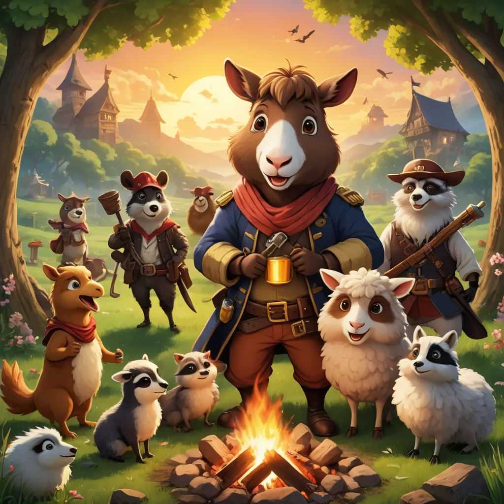 a painting of a man with animals around him and a fire in the woods with a forest background and a forest scene, furry art, concept art, David Teniers III, key art