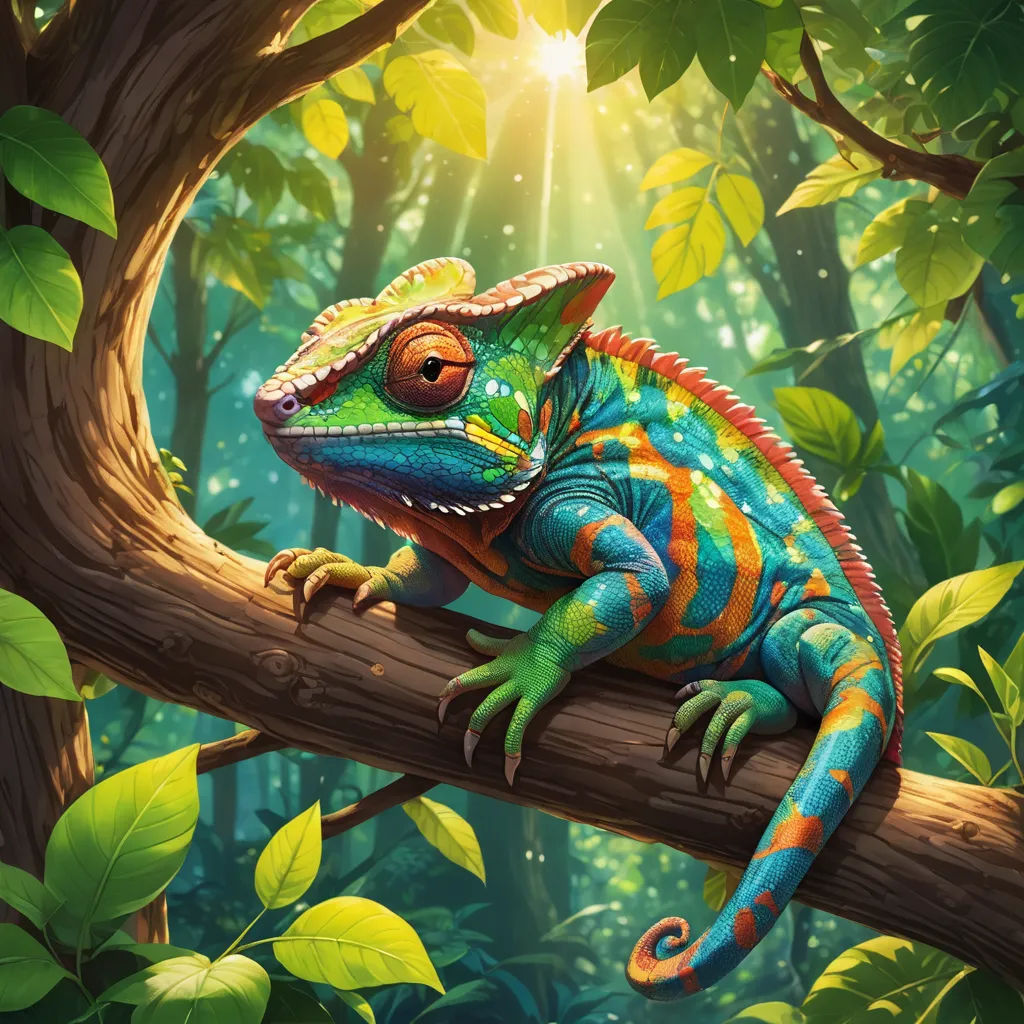 a colorful chamelon sitting on a branch in a forest with green leaves and sunlight shining through the trees, fantasy art, a digital painting, Chris LaBrooy, magic the gathering artwork