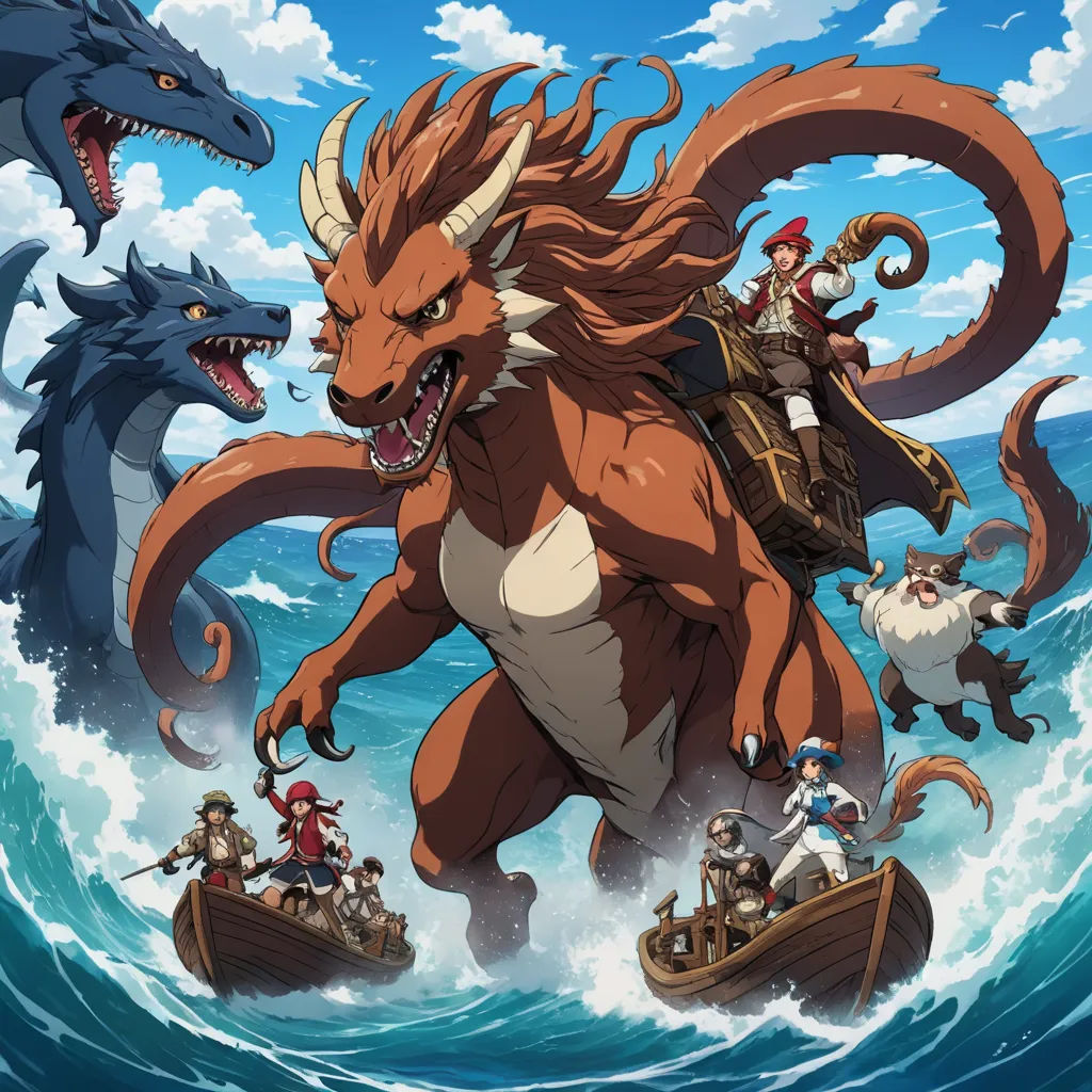 a group of people riding on top of a boat in the ocean next to a dragon and a boat, sots art, poster art, Adriaen Isenbrant, official art