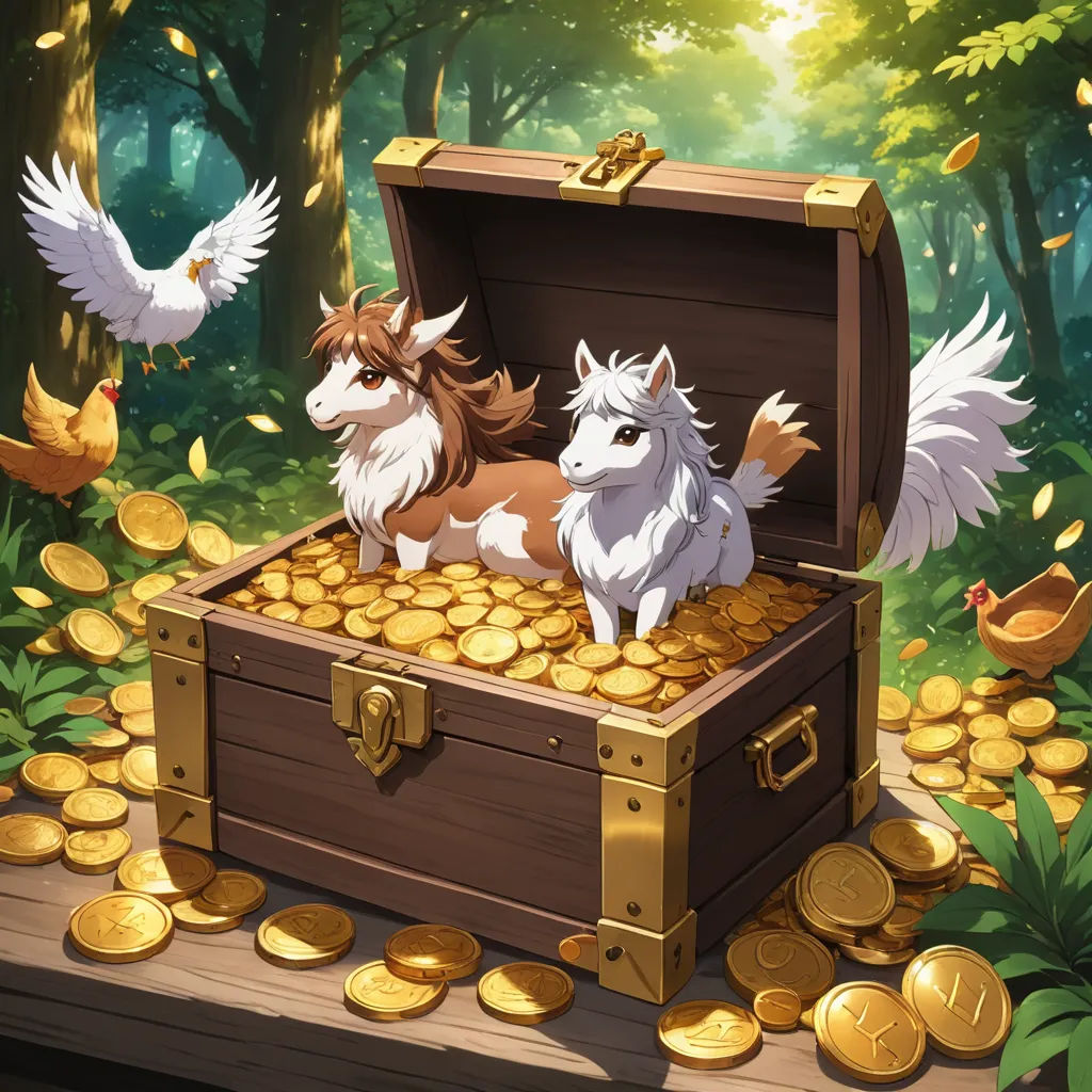 a dog and a cat sitting on a chest of gold coins in a forest with ducks and ducks around, furry art, an album cover, Eden Box, official art