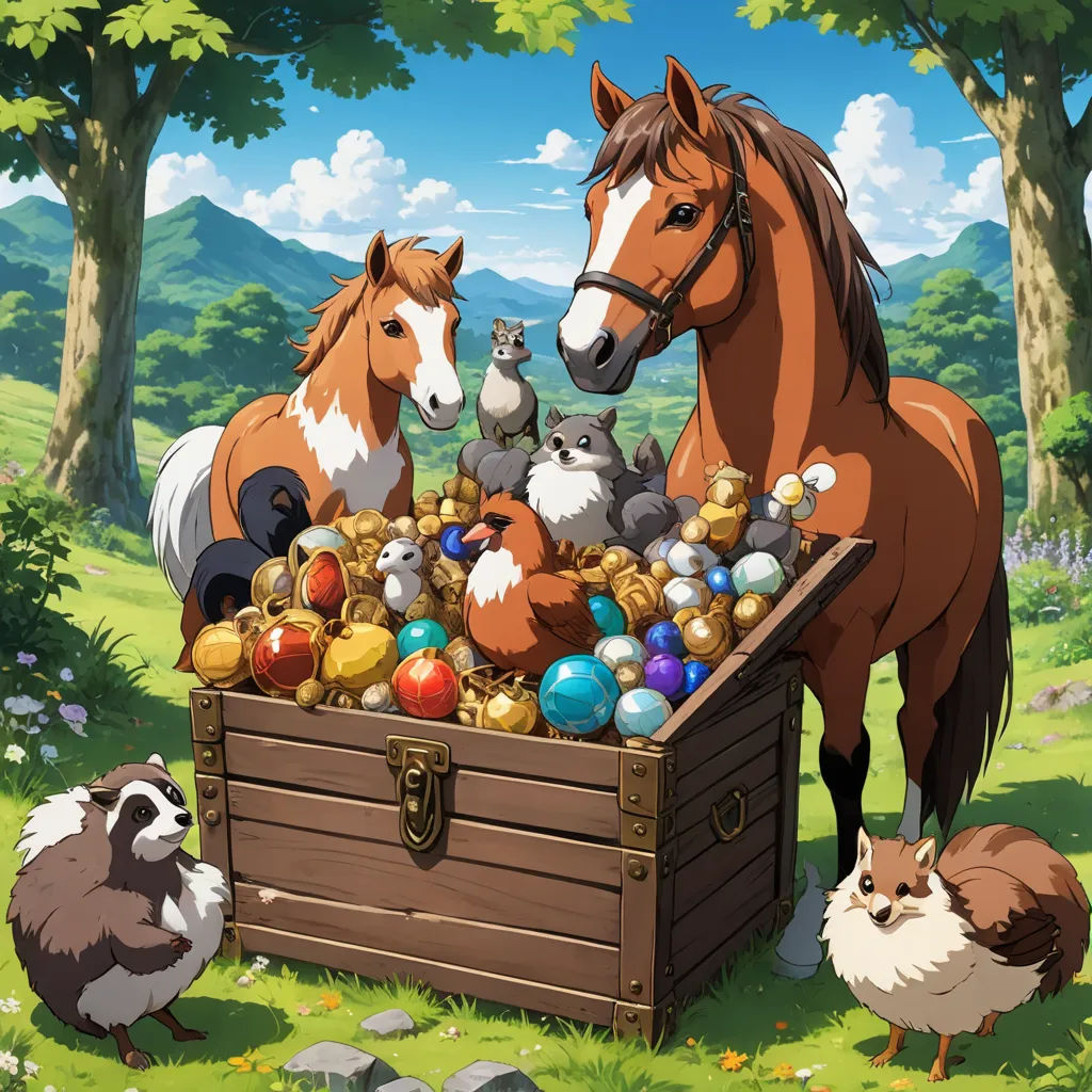 a horse and other animals are in a box full of eggs and eggs in a forest with a mountain background, furry art, a still life, David Teniers III, official art