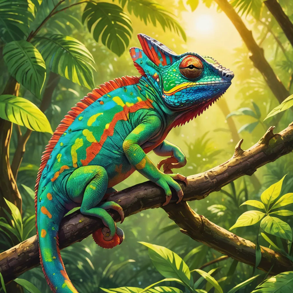 a colorful lizard sitting on a branch in a jungle setting with sunlight shining through the trees and leaves behind it, fantasy art, a digital painting, Adam Rex, highly detailed digital painting