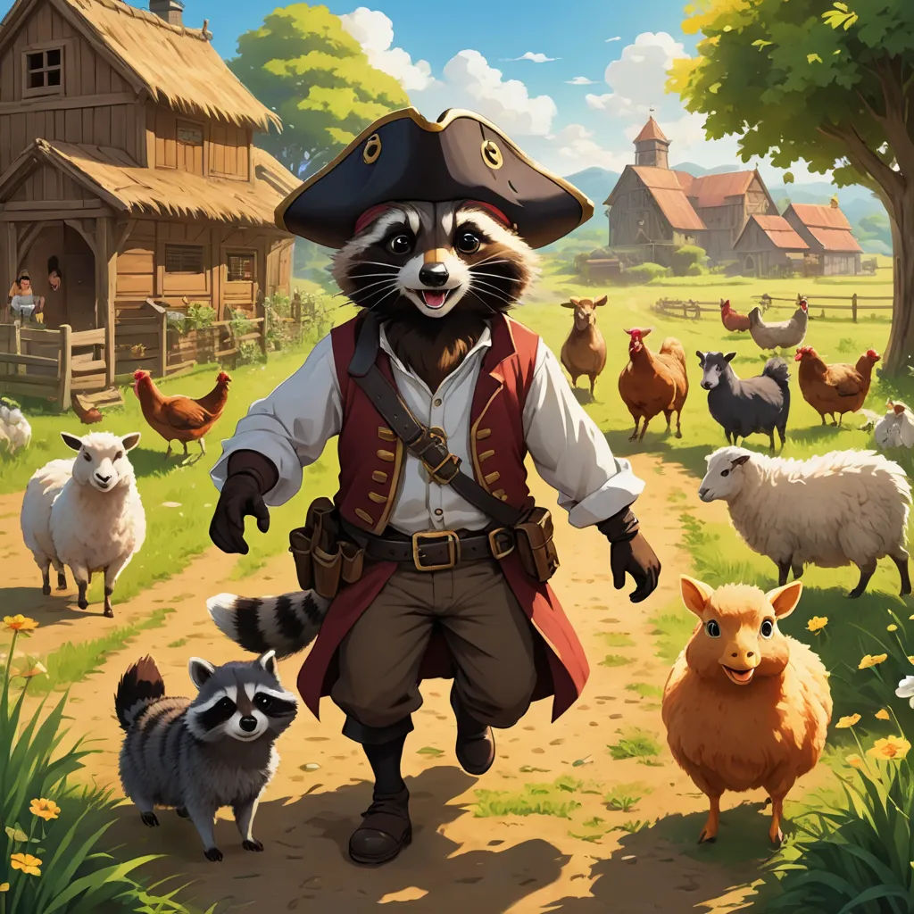 a painting of a man in a pirate outfit surrounded by animals and a farm house in the background with a red flag, furry art, a storybook illustration, Chris LaBrooy, splash art