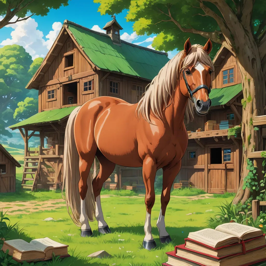 a horse standing in the grass near a tree and a house with a green roof and a book on the ground, american scene painting, a storybook illustration, Chris LaBrooy, storybook illustration