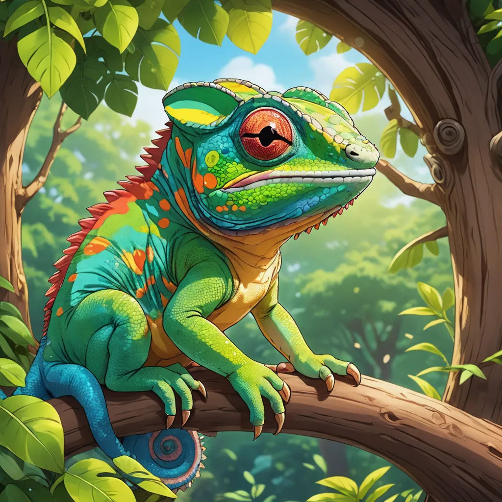 a colorful lizard sitting on a tree branch in a forest with green leaves and a blue and yellow striped tail, fantasy art, a digital painting, Chris LaBrooy, affinity photo