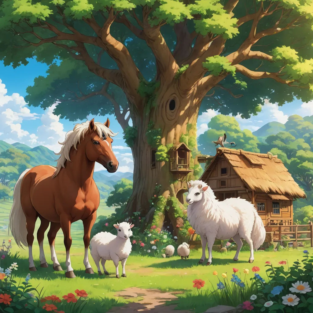 a horse and two lambs in a field near a tree and a birdhouse with a birdhouse, naive art, a storybook illustration, Chris LaBrooy, official art