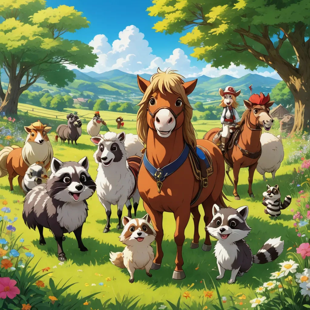 a horse and a group of raccoons in a field with trees and flowers in the background, with a man on a horse, furry art, a storybook illustration, Chris LaBrooy, official art