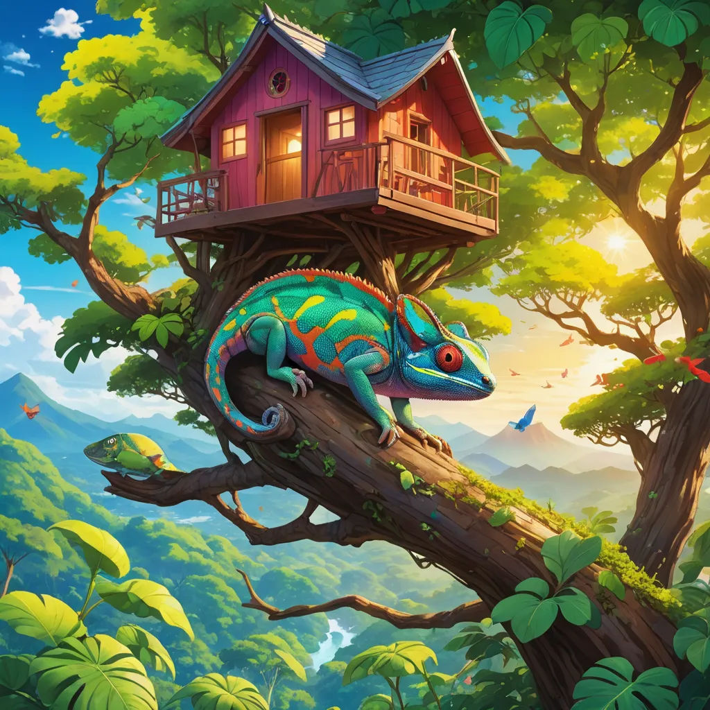 a chamelon is sitting on a tree branch in front of a tree house with a balcony and a balcony, fantasy art, a detailed matte painting, Chris LaBrooy, highly detailed digital painting