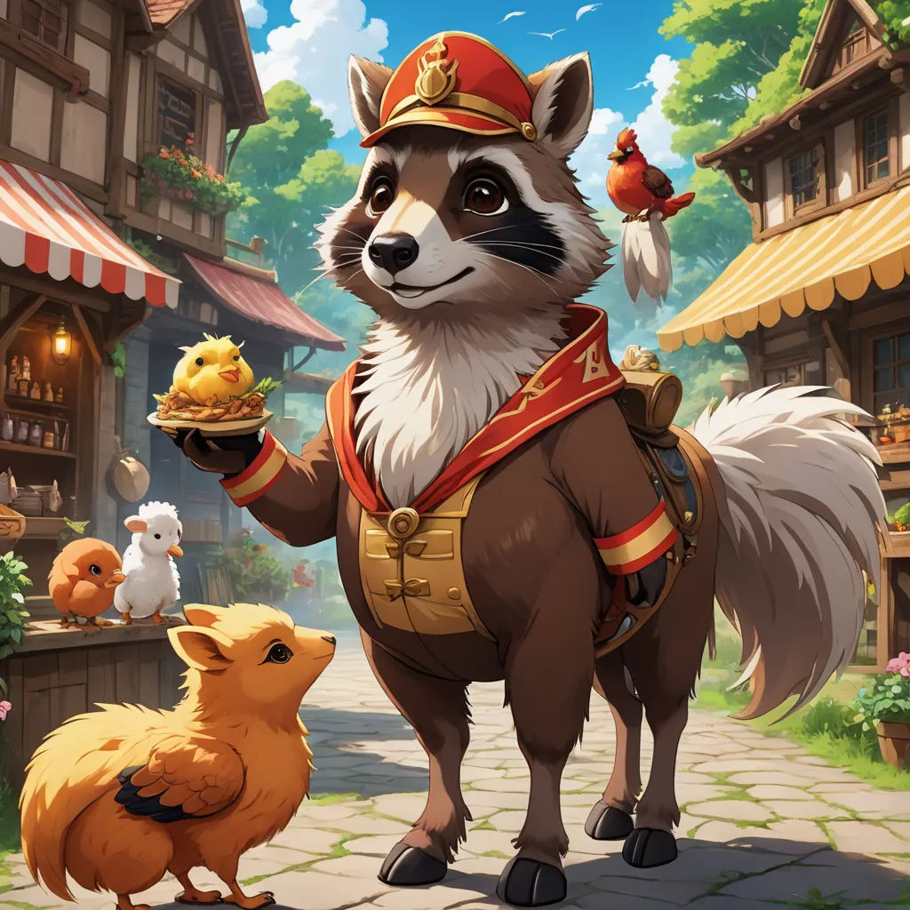 a raccoon is holding a piece of food in its hand and a chicken is standing next to it, fantasy art, a storybook illustration, Chris LaBrooy, official art