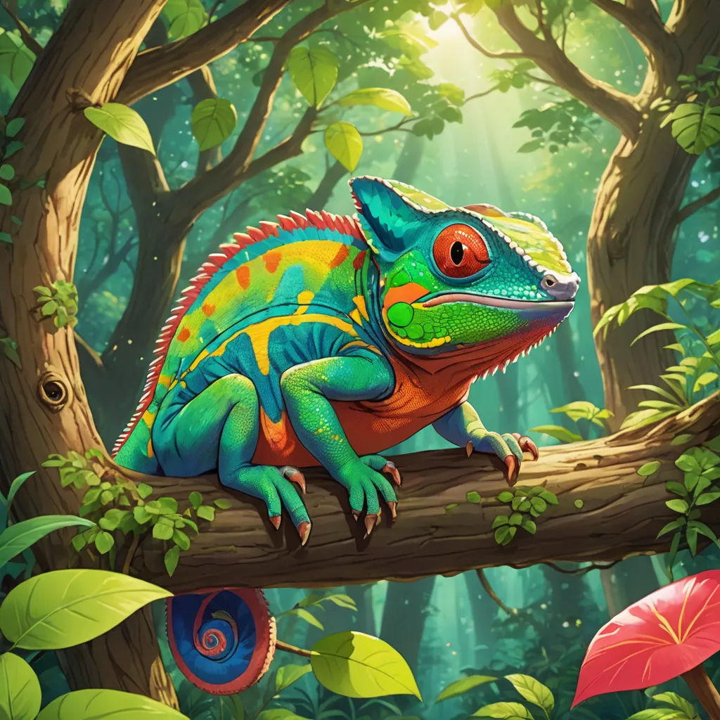 a colorful lizard sitting on a branch in a forest with leaves and flowers around it, with a bright light shining on the background, fantasy art, a character portrait, Adam Rex, magic the gathering artwork