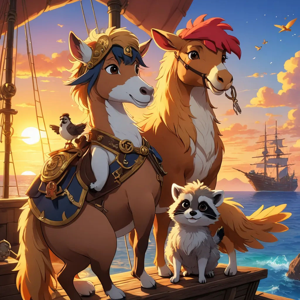 a couple of animals standing on top of a wooden boat in the ocean next to a raccoon, sots art, concept art, Chris LaBrooy, official art