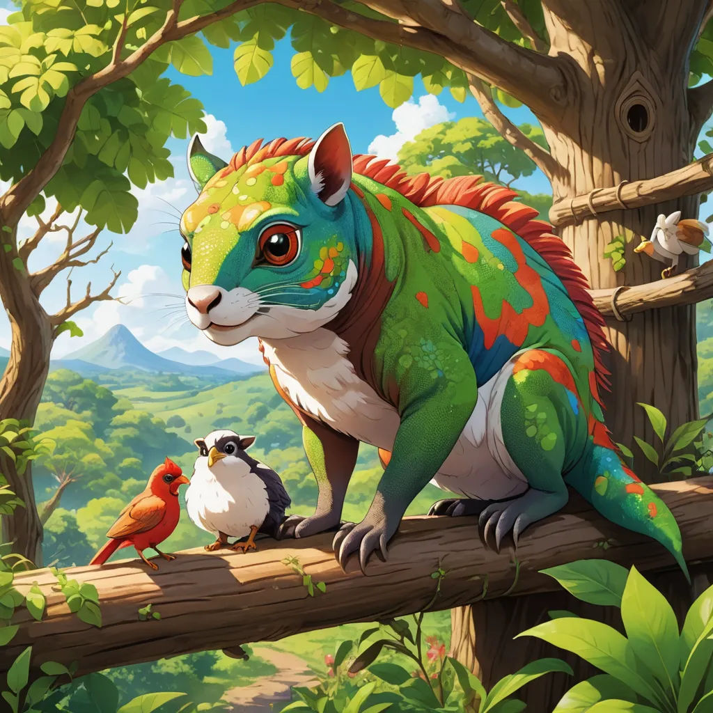 a painting of a lizard and birds on a tree branch in a forest with mountains in the background and a blue sky, altermodern, a digital painting, Chris LaBrooy, official art