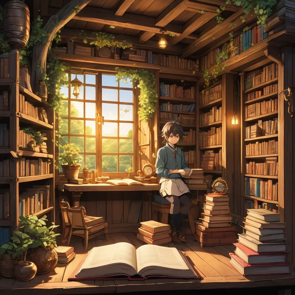 a girl is sitting in a room with books and a window that looks out onto a field of trees, fantasy art, a storybook illustration, Evgeny Lushpin, rossdraws global illumination