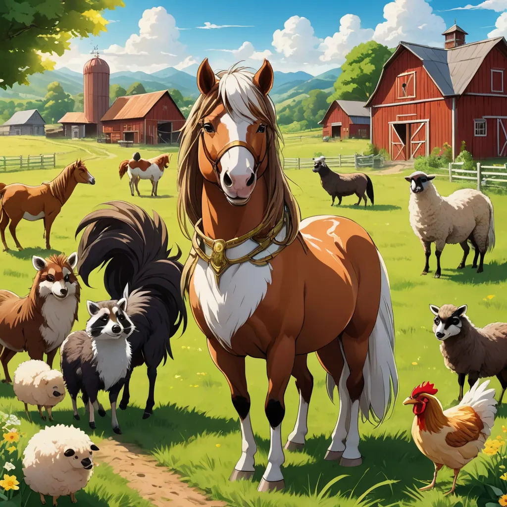 a horse and many other animals in a field with a barn in the background and a farm in the background, american scene painting, computer graphics, Chris LaBrooy, key art