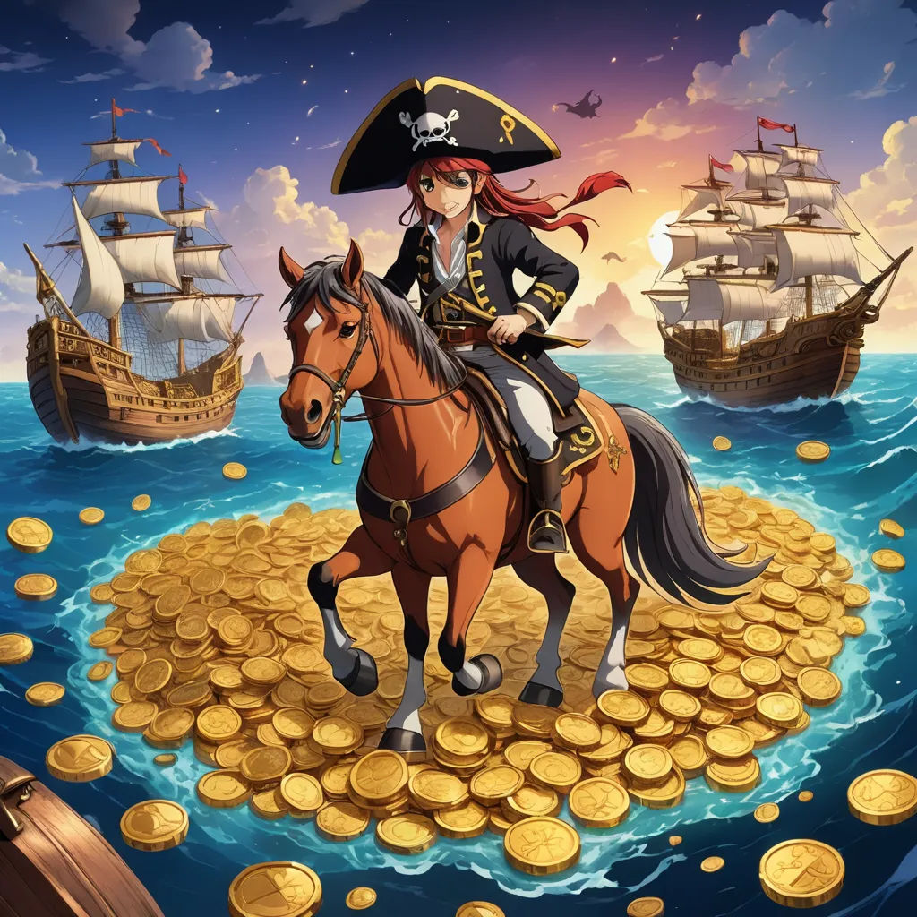 a pirate girl riding a horse on a sea of gold coins with a ship in the background and a pirate ship in the background, context art, a character portrait, Ann Thetis Blacker, official art