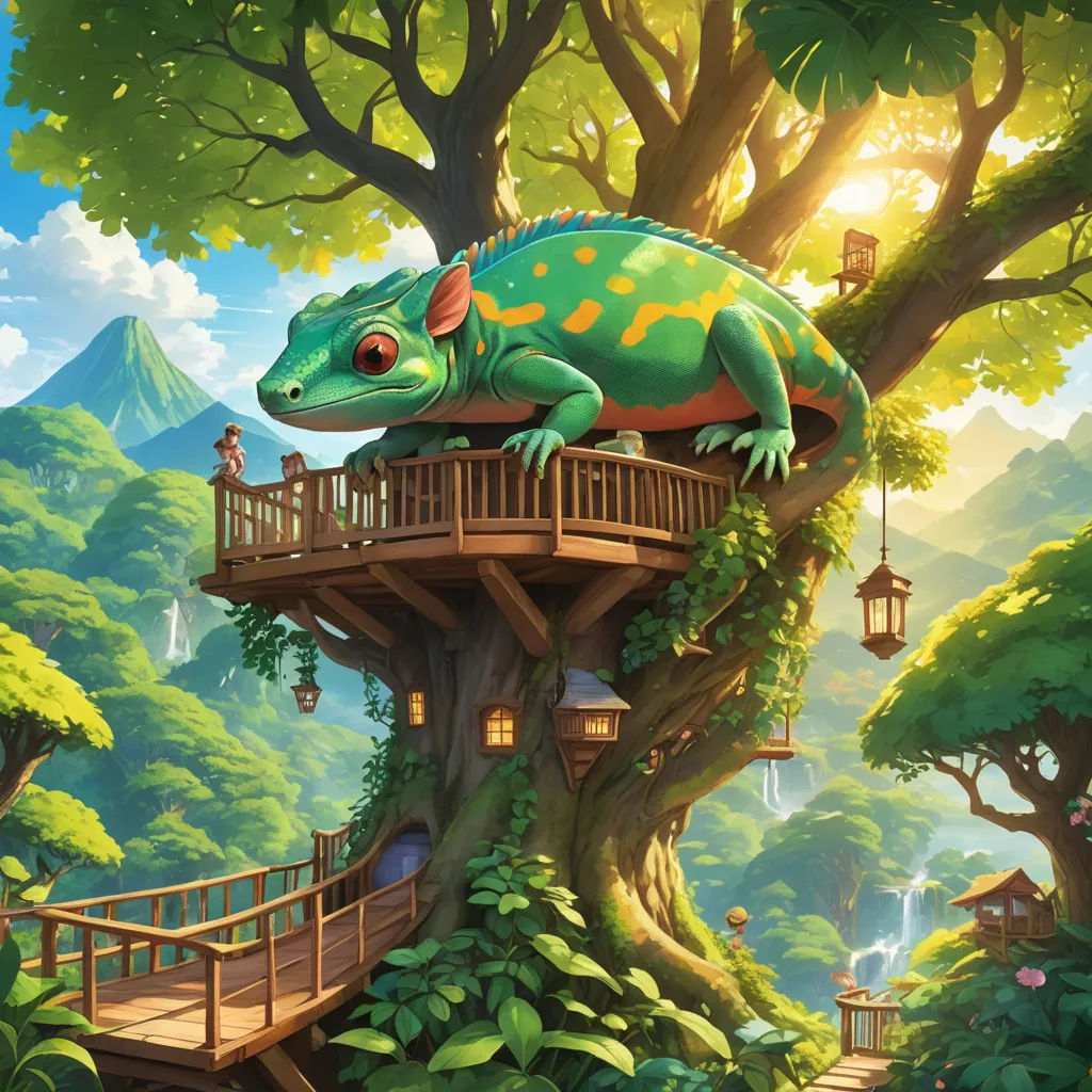 a green lizard sitting on top of a tree house in a forest with a bridge and a tree trunk, fantasy art, a storybook illustration, Chris LaBrooy, fantasy artwork
