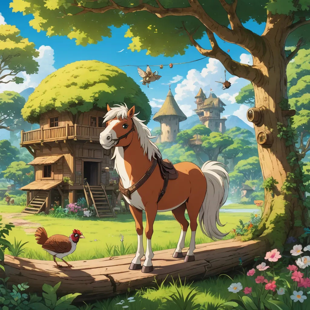 a horse and a chicken are standing in the grass near a tree house and a bird on a log, fantasy art, a storybook illustration, Chris LaBrooy, storybook illustration