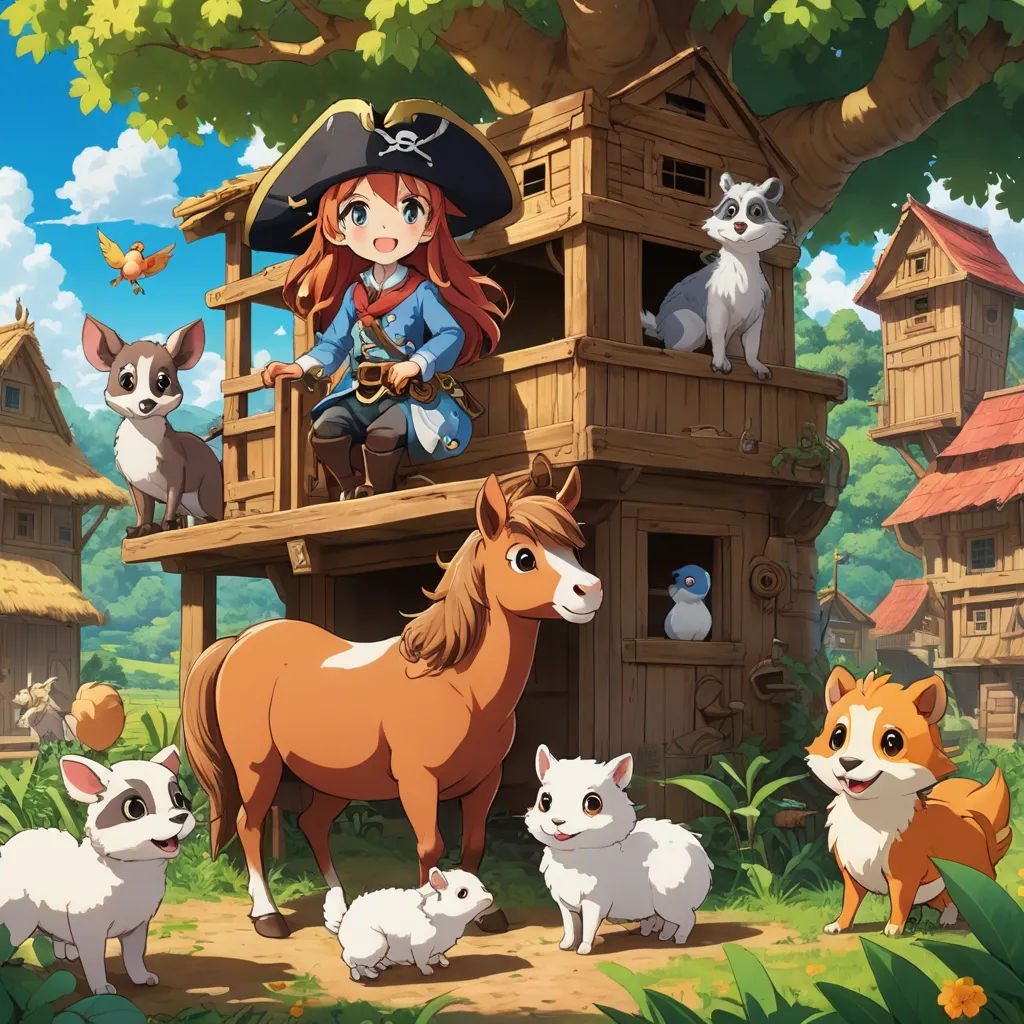 a girl sitting on a tree house with animals around her and a horse and other animals around her,, furry art, a detailed painting, Anne Said, official art