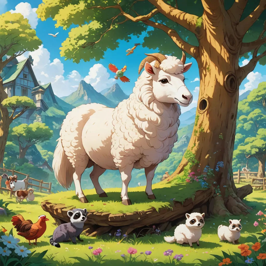 a sheep standing in the middle of a forest with other animals around it and a bird flying above it, fantasy art, a storybook illustration, Chris LaBrooy, hearthstone