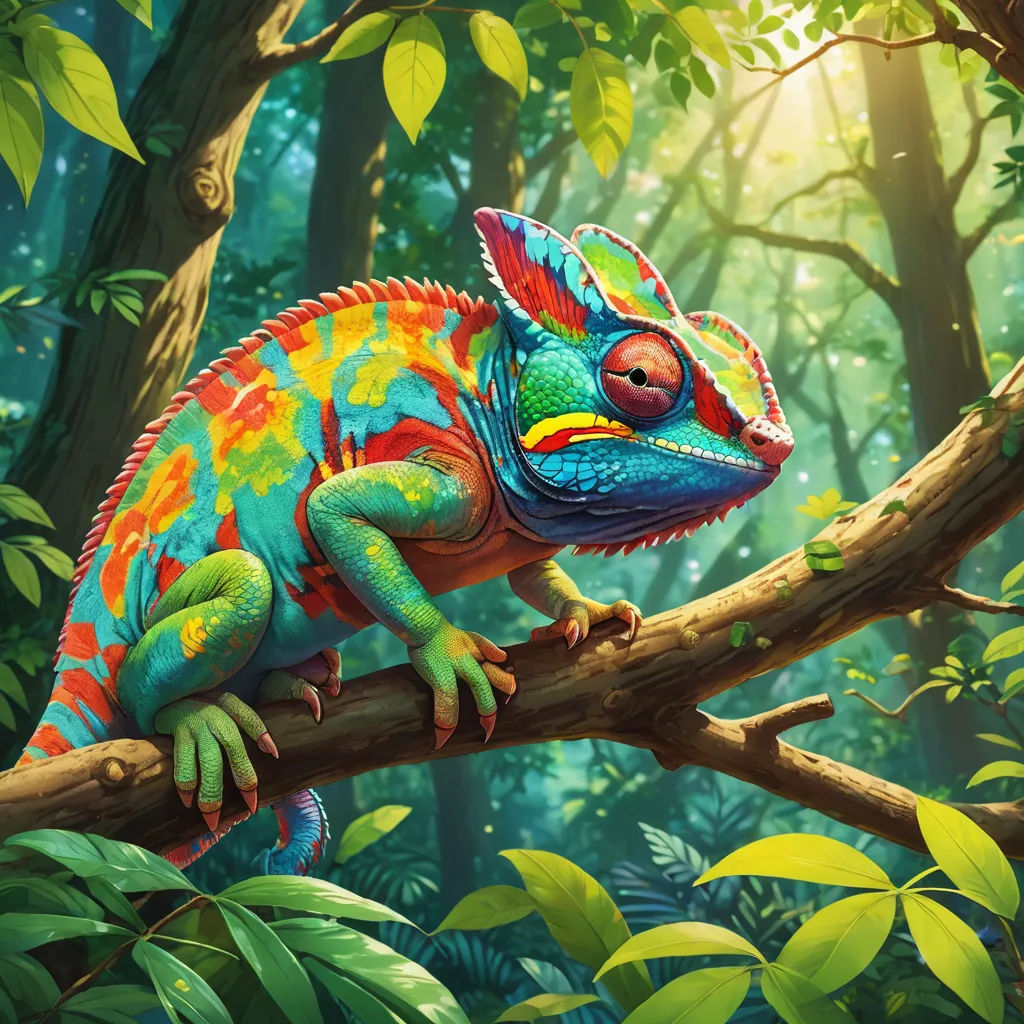 a colorful chamelon sitting on a branch in a forest with green leaves and a sunbeam behind it, fantasy art, a digital painting, Adam Rex, magic the gathering artwork