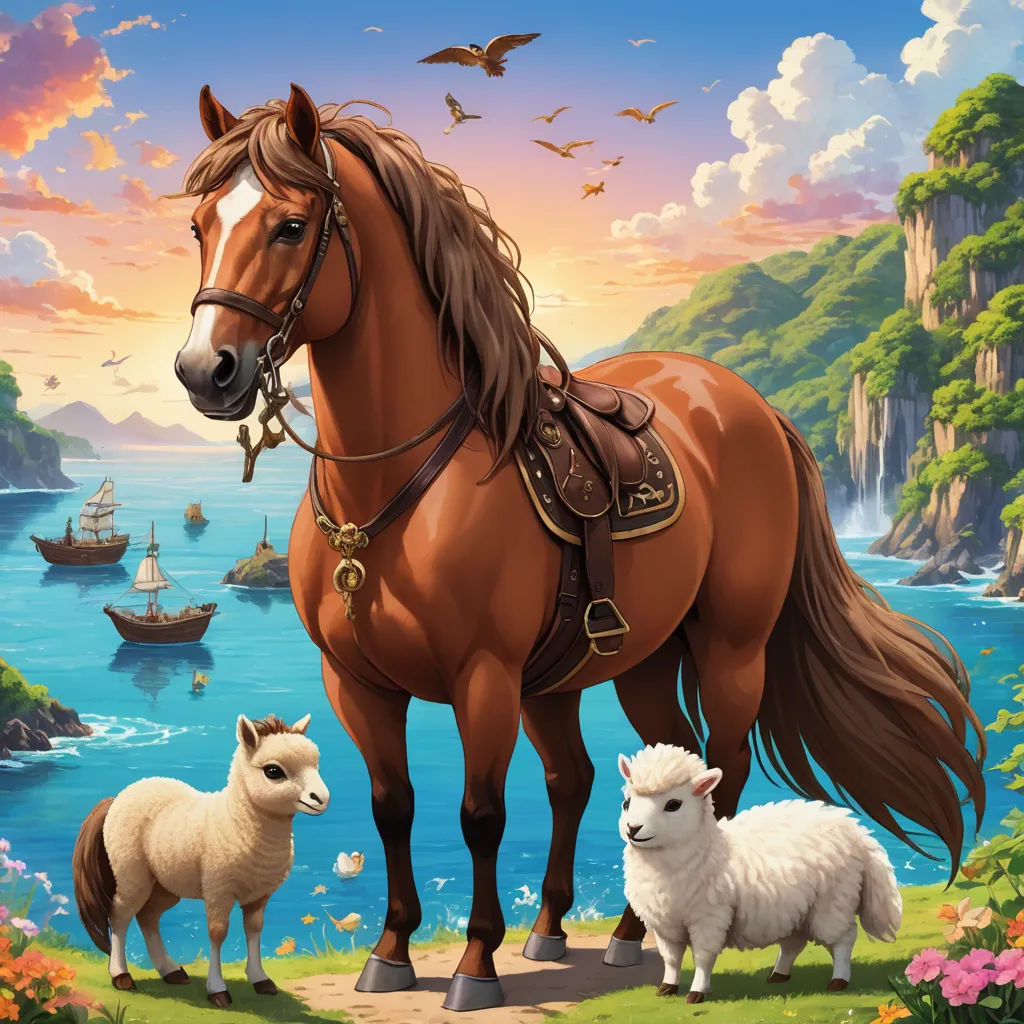 a horse and two sheep standing in a field near the ocean with a sunset in the background and a boat in the water, naive art, a storybook illustration, Chris LaBrooy, highly detailed digital painting