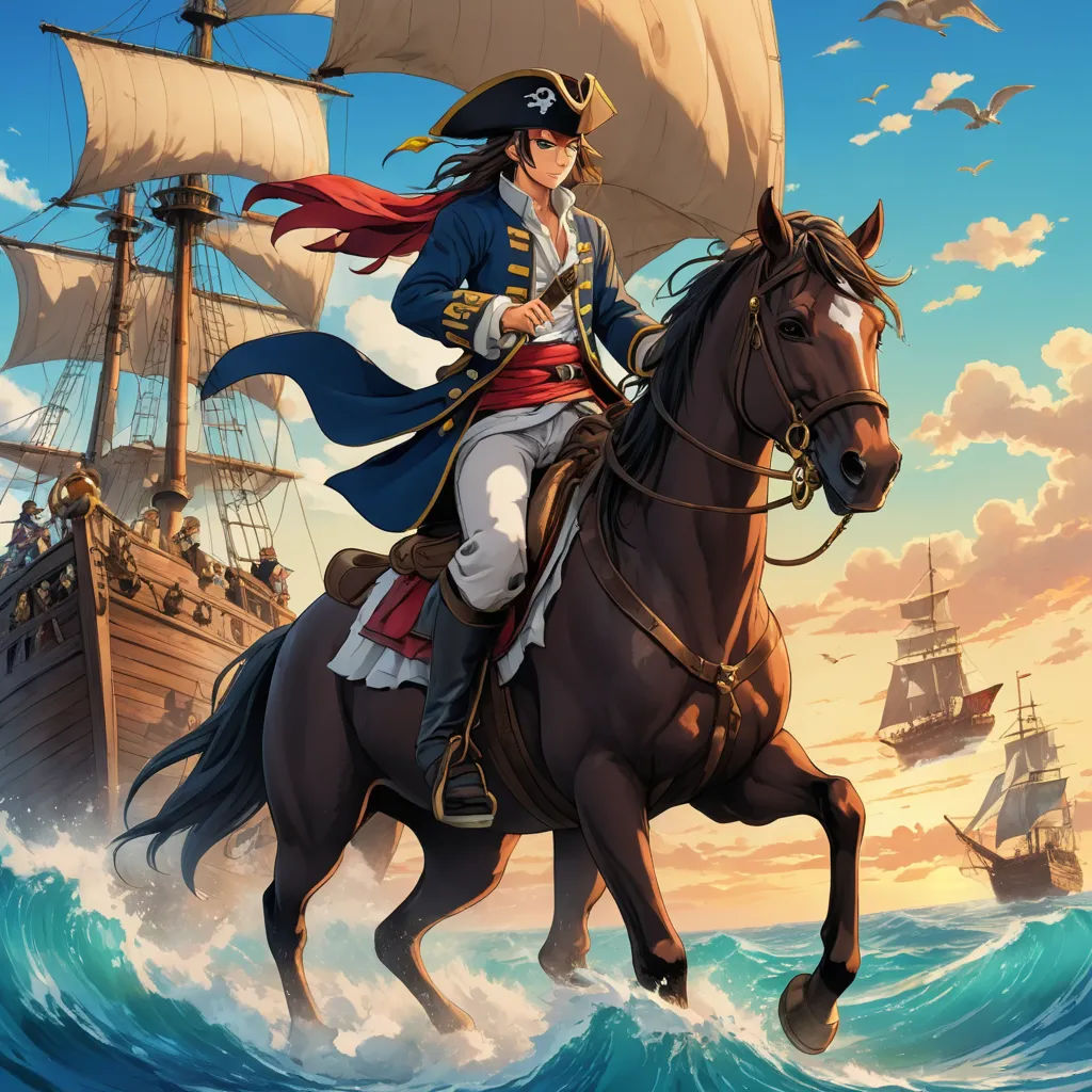 a woman riding a horse in the ocean with a sailboat in the background and a bird flying overhead, fantasy art, a character portrait, Cedric Seaut (Keos Masons), official art