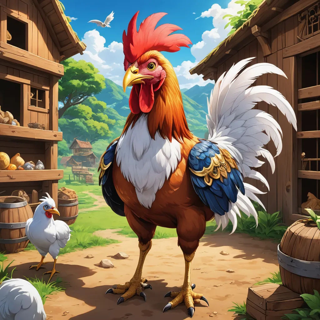 a rooster and two chickens in a farmyard with a barn in the background and a bird in the foreground, fantasy art, a detailed painting, Chris LaBrooy, hearthstone