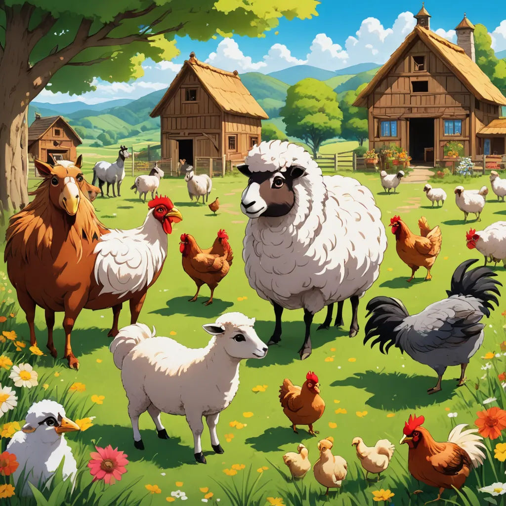 a painting of a farm with chickens and sheeps and a chicken coop in the background with a barn and chickens, lyco art, a storybook illustration, Chris LaBrooy, storybook illustration
