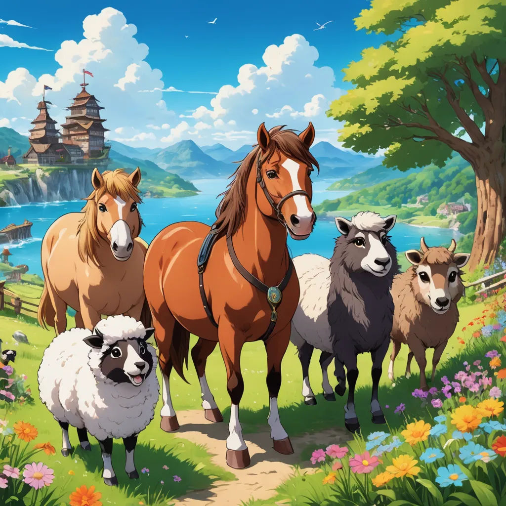 a group of animals standing on a lush green field next to a lake and a forest with a castle, naive art, computer graphics, Chris LaBrooy, official art