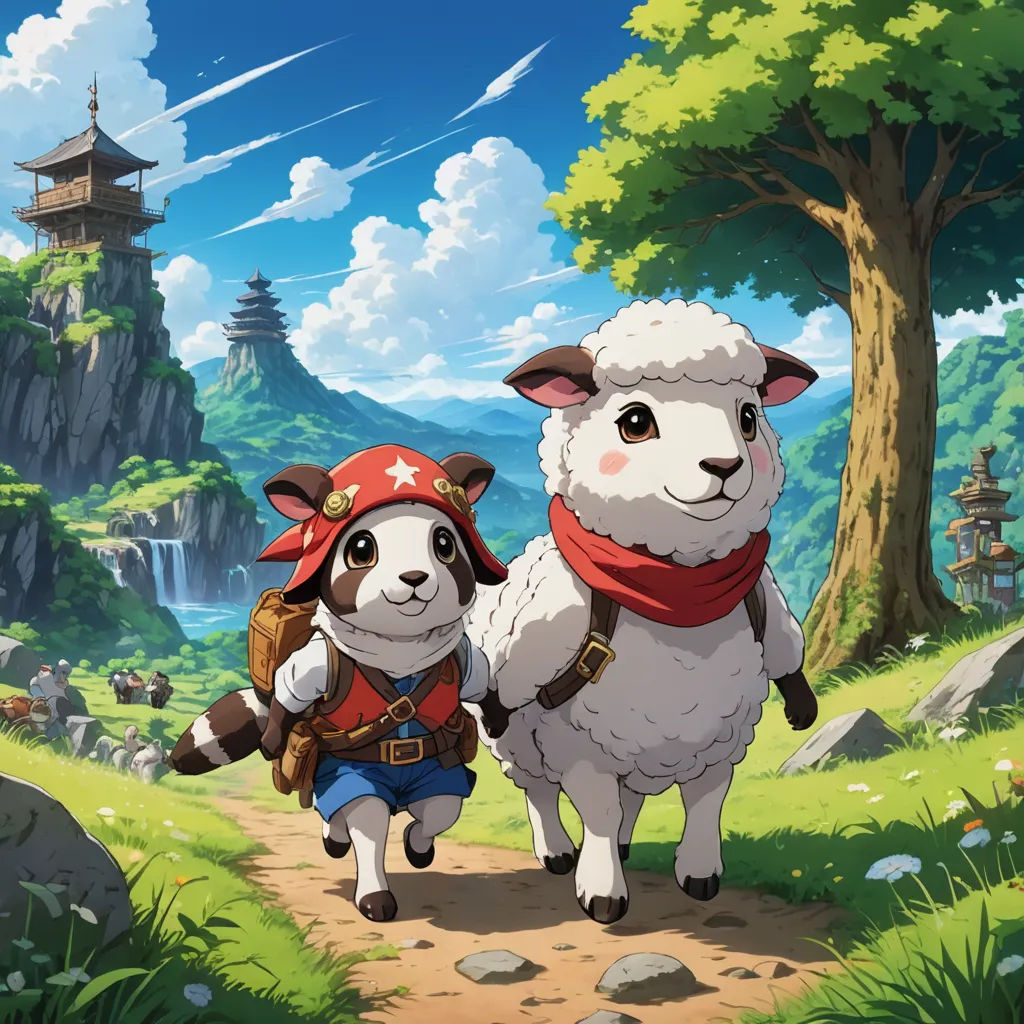 a couple of sheep walking down a dirt road next to a forest filled with trees and rocks on a sunny day, furry art, concept art, Chris LaBrooy, official art