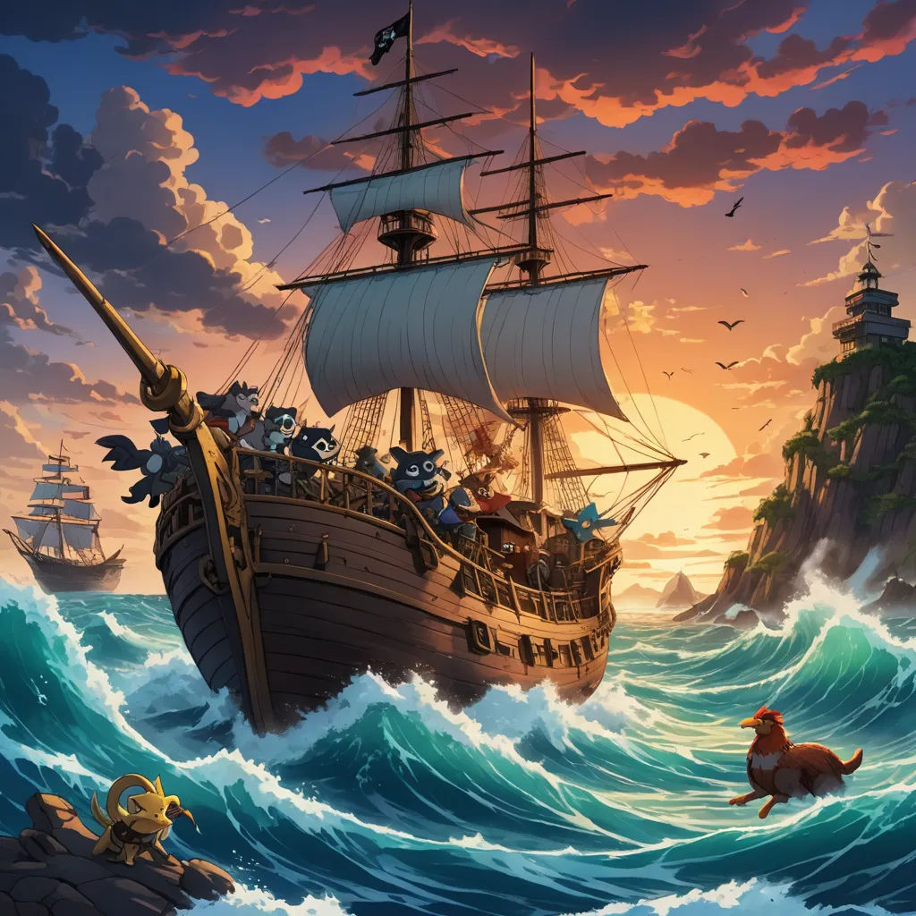 a cartoon scene of a pirate ship in the ocean with a dog on the front of it and a man on the back of the ship, fantasy art, a storybook illustration, Cyril Rolando, league of legends splash art