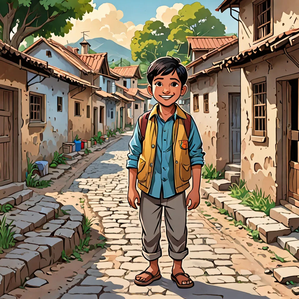 a cartoon of a boy standing in a village street with a backpack on his back and a backpack on his shoulder, lyco art, a storybook illustration, Diego Gisbert Llorens, storybook illustration