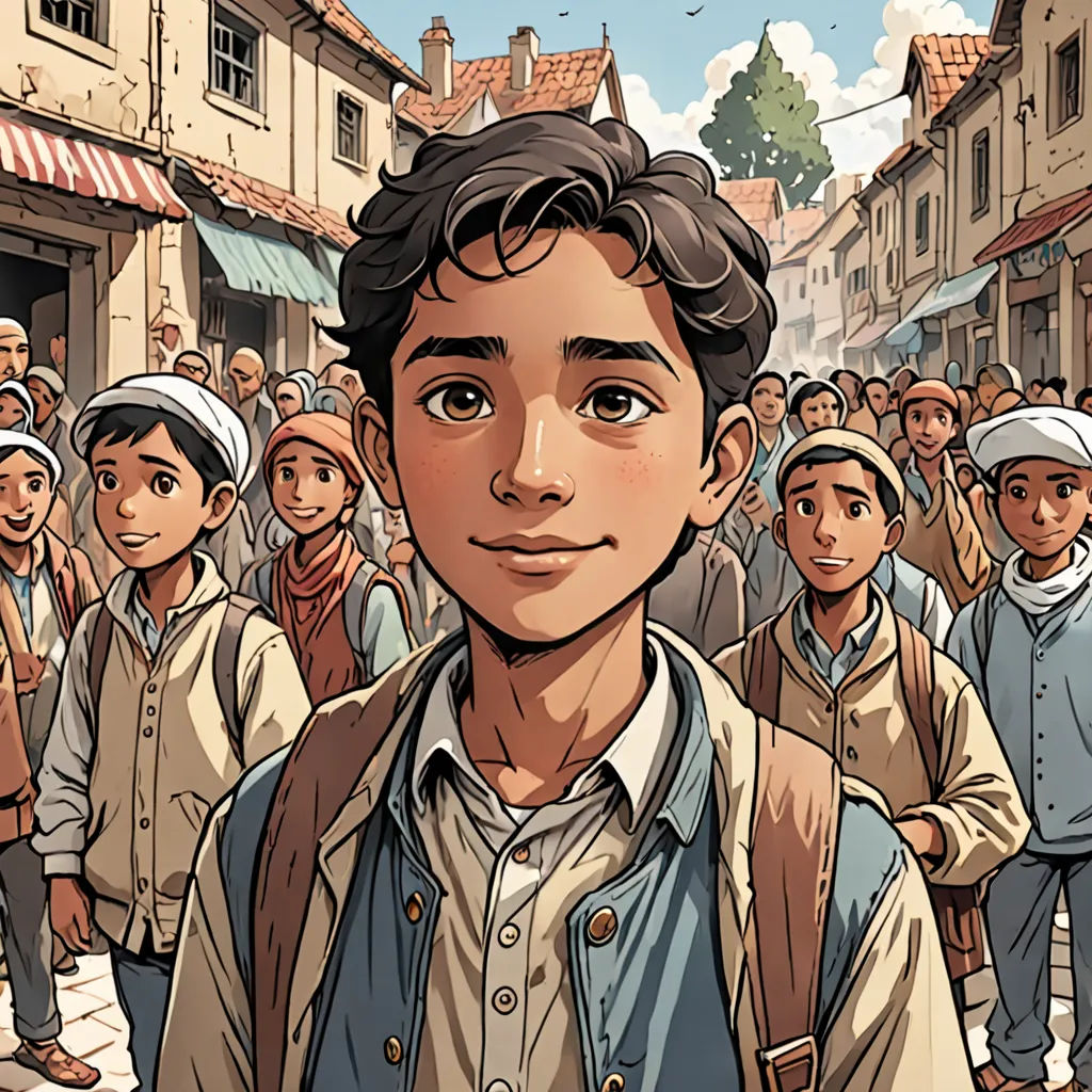 a boy in a crowd of people standing in front of a building with a clock on it's face, hurufiyya, a comic book panel, Asaf Hanuka, graphic novel