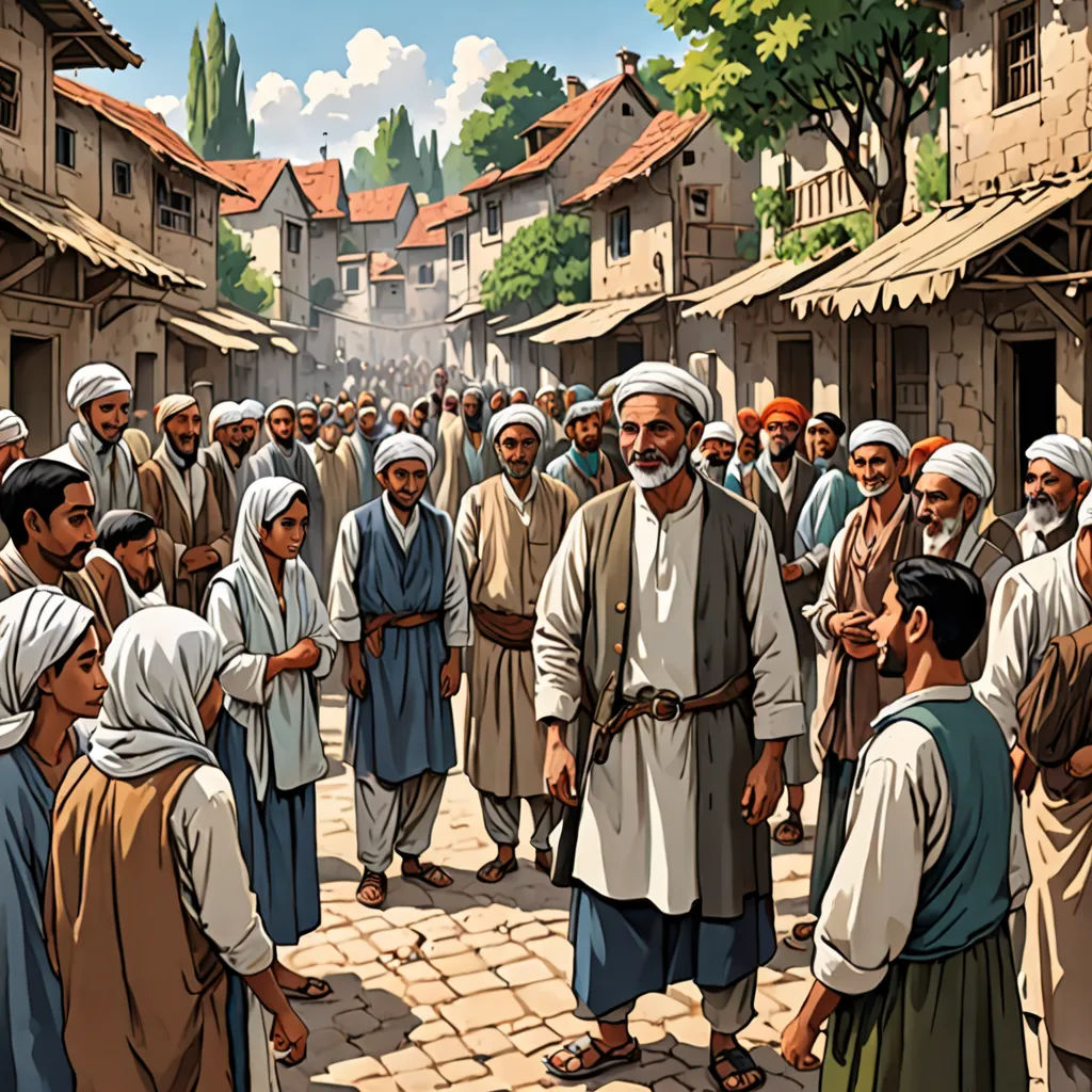 a painting of a group of people standing in a street with buildings in the background and a man pointing at something, hurufiyya, a comic book panel, Asaf Hanuka, graphic novel