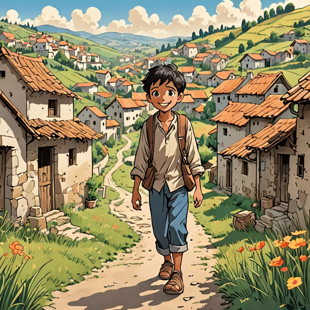 a boy walking down a path in a village with a village in the background and a village in the foreground, regionalism, a comic book panel, Diego Gisbert Llorens, official art
