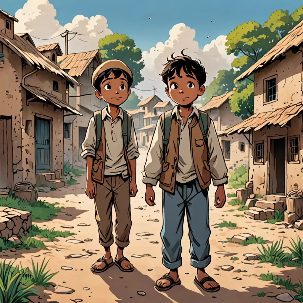 two young boys standing in a village with a dog on the ground and a house in the background with a tree, les nabis, a comic book panel, Brothers Hildebrandt, official art
