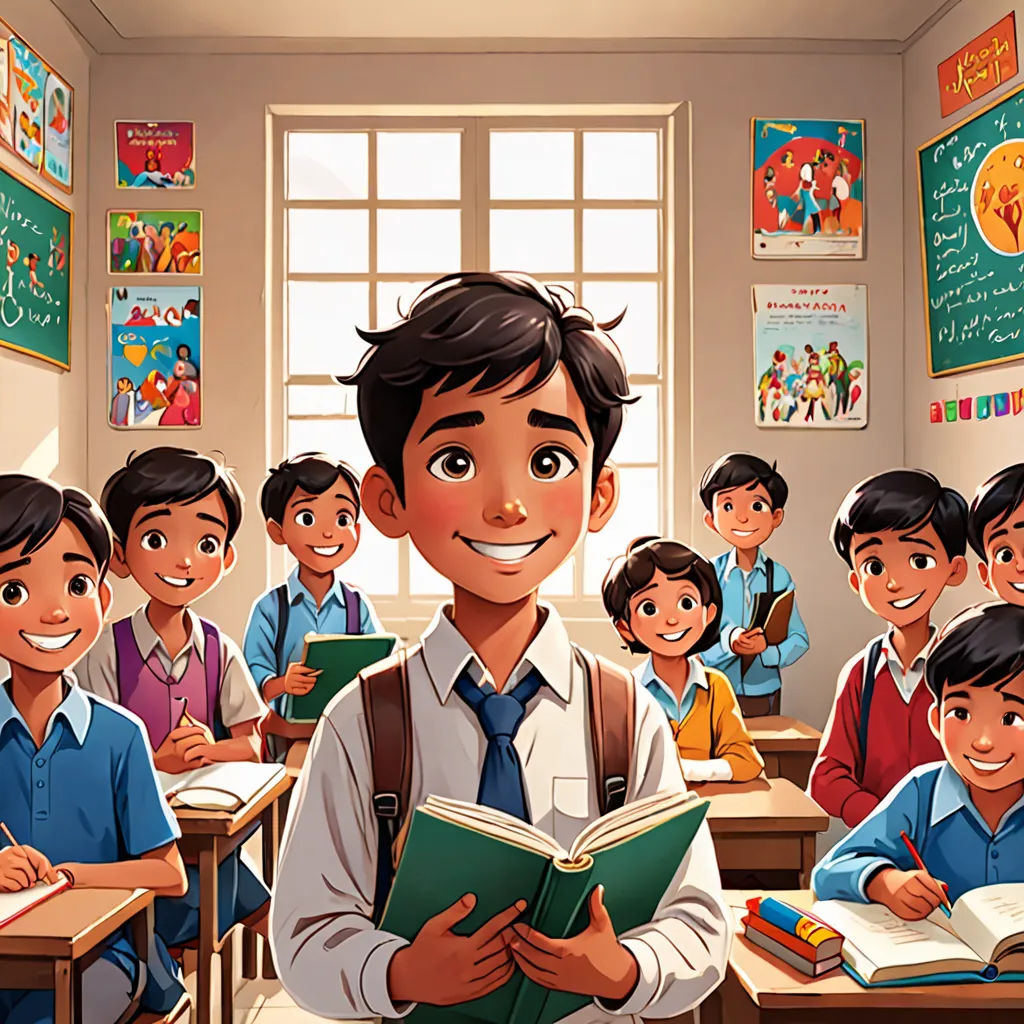 a cartoon of a boy reading a book in a classroom with other children in the background and a window, bengal school of art, a storybook illustration, Bhupen Khakhar, official art