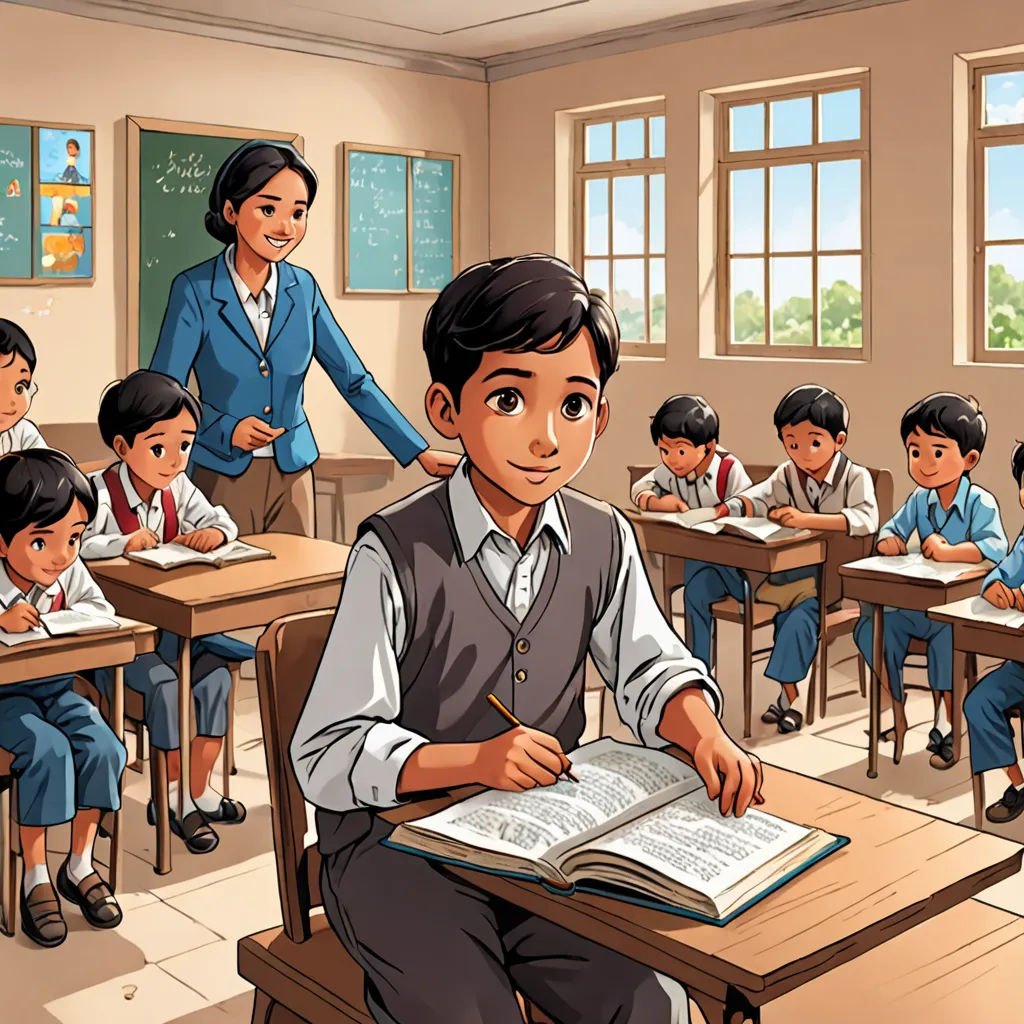 a cartoon of a boy sitting at a desk in a classroom with a teacher in the background and a woman standing behind him, danube school, a storybook illustration, Fernando Amorsolo, official art