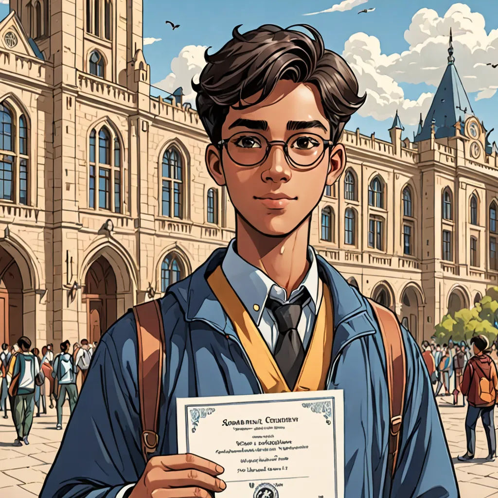 a man holding a certificate in front of a building with a clock tower in the background and people walking around, paris school, a comic book panel, Cedric Seaut (Keos Masons), official art
