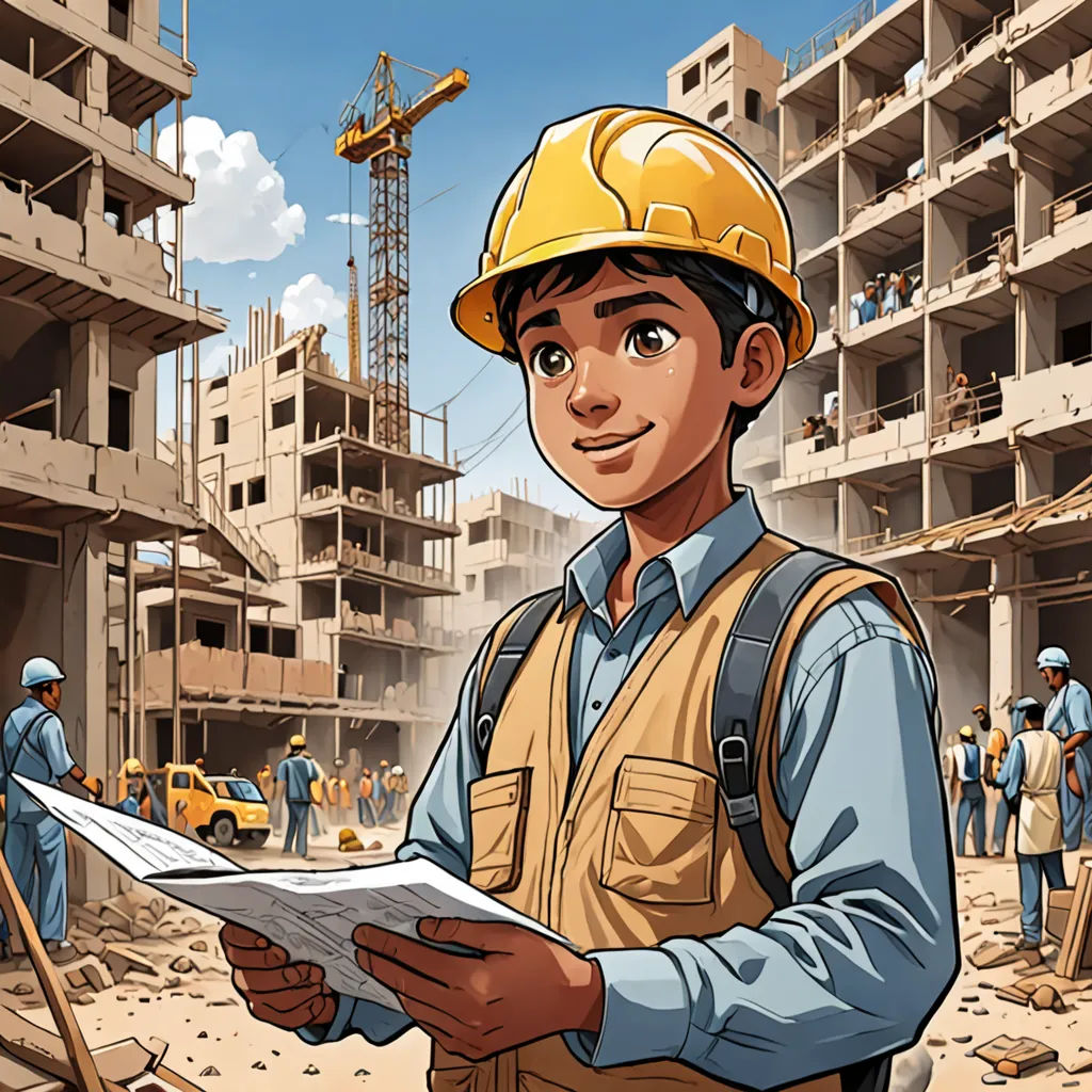 a man in a hard hat holding a paper in front of a construction site with workers in the background, socialist realism, a comic book panel, Amir Zand, comic cover art