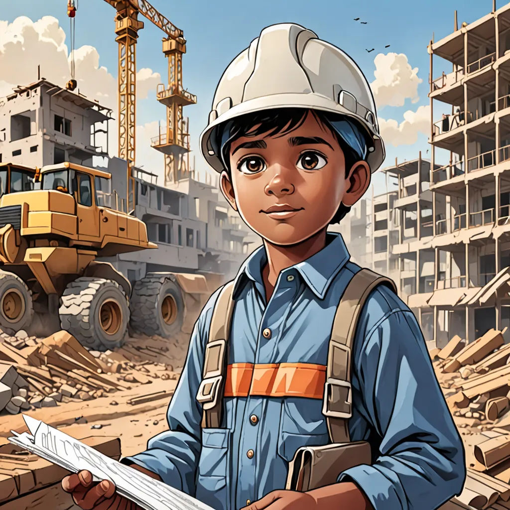 a boy in a hard hat holding a piece of paper in front of a construction site with a construction truck in the background, socialist realism, a comic book panel, Bikash Bhattacharjee, comic cover art