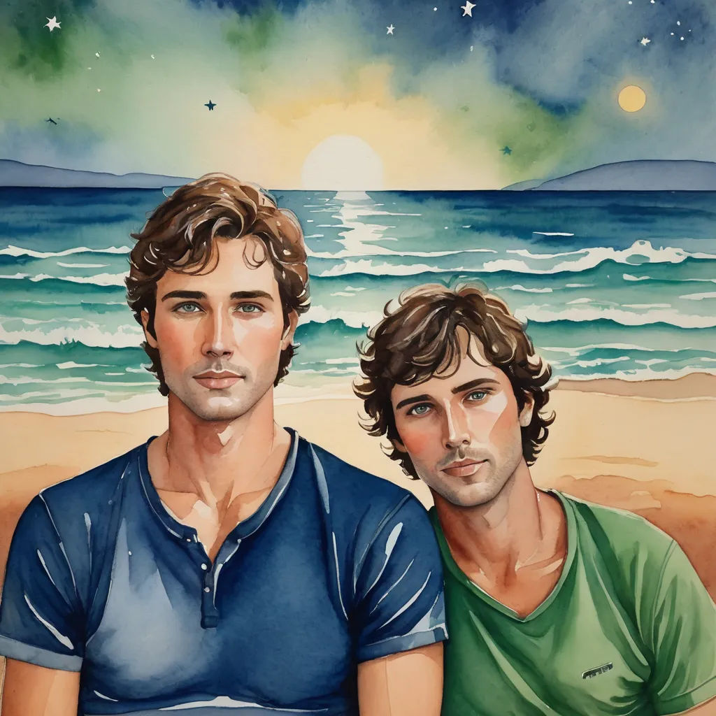 a painting of two men sitting on a beach under a full moon and stars sky with the ocean in the background, figurative art, a watercolor painting, Conroy Maddox, in gouache detailed paintings