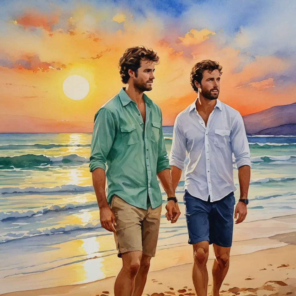two men walking on a beach at sunset with a painting of the ocean behind them behind them and a sunset behind them, figurative art, a fine art painting, Brothers Hildebrandt, extremely detailed oil painting