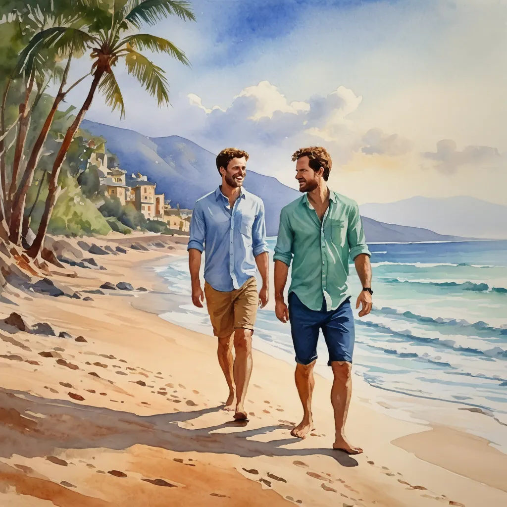 two men walking on a beach next to the ocean with palm trees in the background and a city in the distance, figurative art, a painting, Eric Zener, detailed painting
